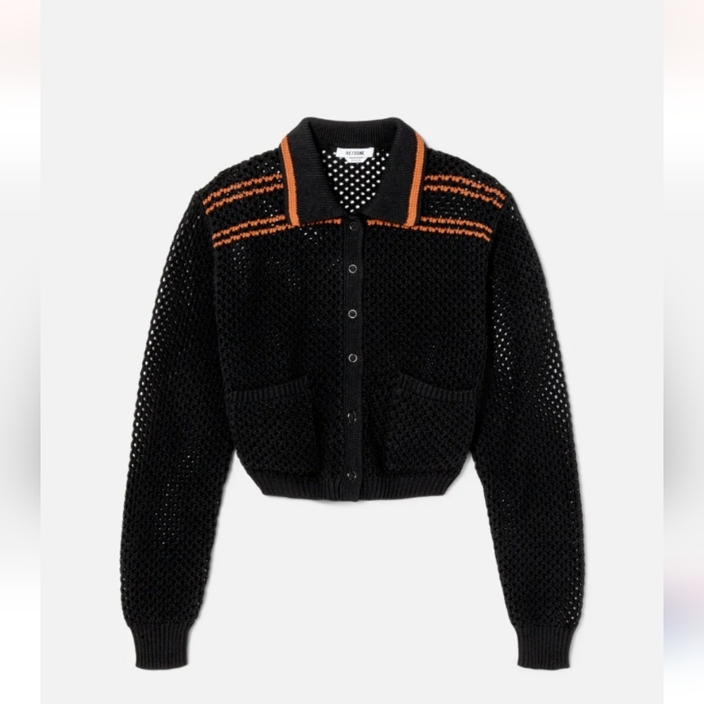 RE/DONE Black Combo Crochet Mesh Polo Cardigan Size XS NWT $395